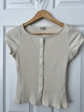Free People Ribbed Button-Front Short Sleeve Top - Cream
